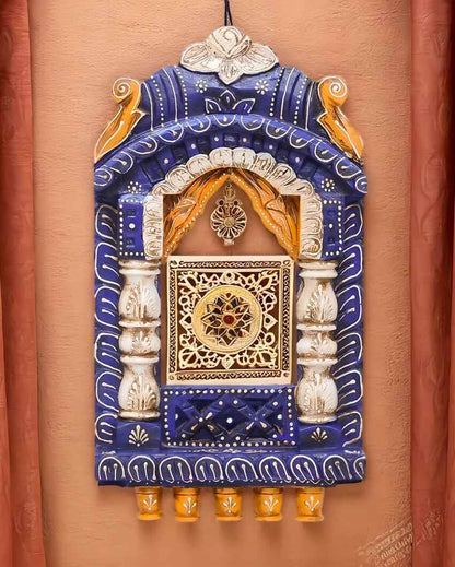 Indian Blue Color Wooden Handpainted Decorative Jharokha Frame | 9 x 2 x 16 inches
