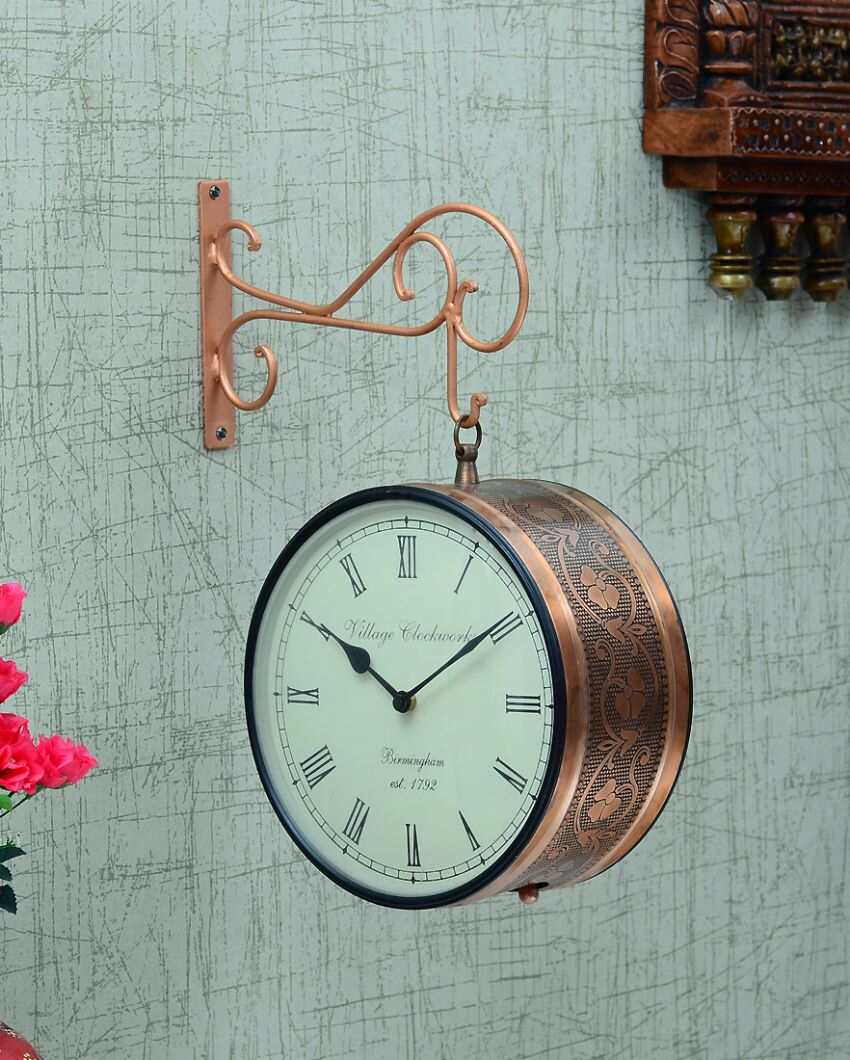 Metal Copper Finish Wall Hanging Railway Clock Showpiece | 10 x 5 x 17 inches