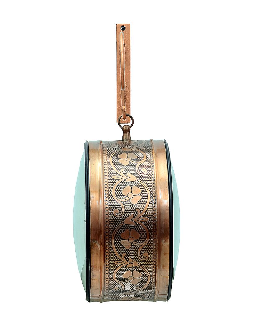 Metal Copper Finish Wall Hanging Railway Clock Showpiece | 10 x 5 x 17 inches