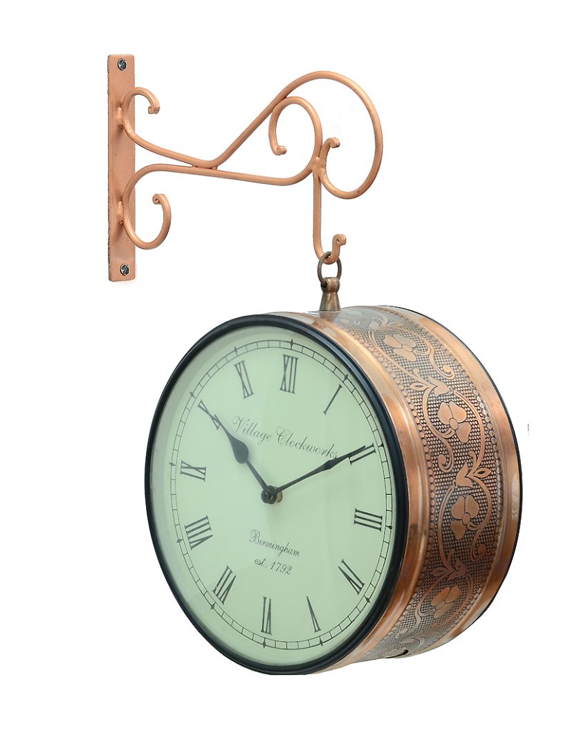 Metal Copper Finish Wall Hanging Railway Clock Showpiece | 10 x 5 x 17 inches