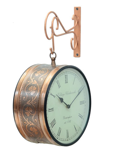 Metal Copper Finish Wall Hanging Railway Clock Showpiece | 10 x 5 x 17 inches