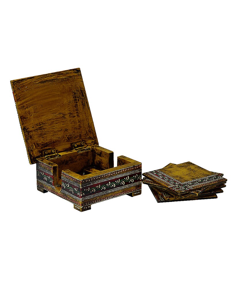 Aged Decorative Yellow Color 6 Tea Coasters with Case | 5 x 5 x 2 inches