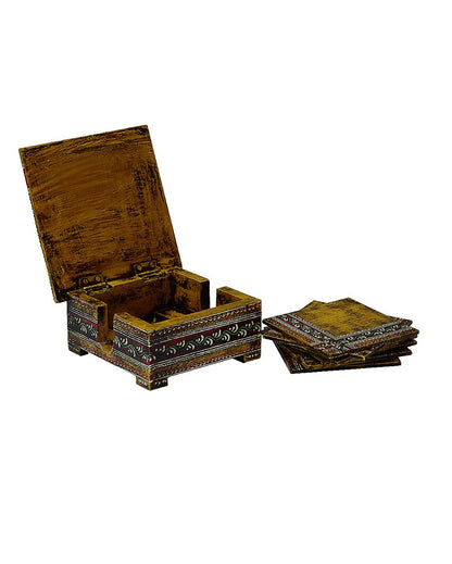 Aged Decorative Yellow Color 6 Tea Coasters with Case | 5 x 5 x 2 inches