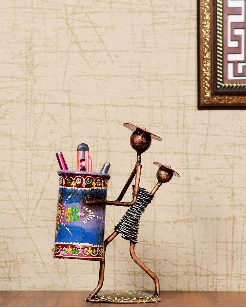 Tribal Lady Figuring Metal Handpainted Decorative Pen Stand | 6 x 3 x 9 inches