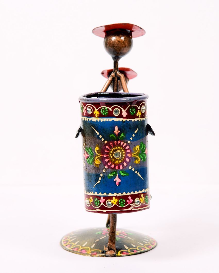Tribal Lady Figuring Metal Handpainted Decorative Pen Stand | 6 x 3 x 9 inches