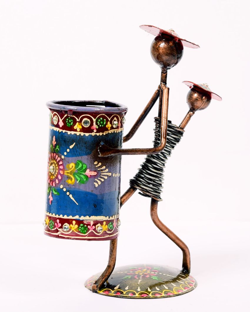 Tribal Lady Figuring Metal Handpainted Decorative Pen Stand | 6 x 3 x 9 inches