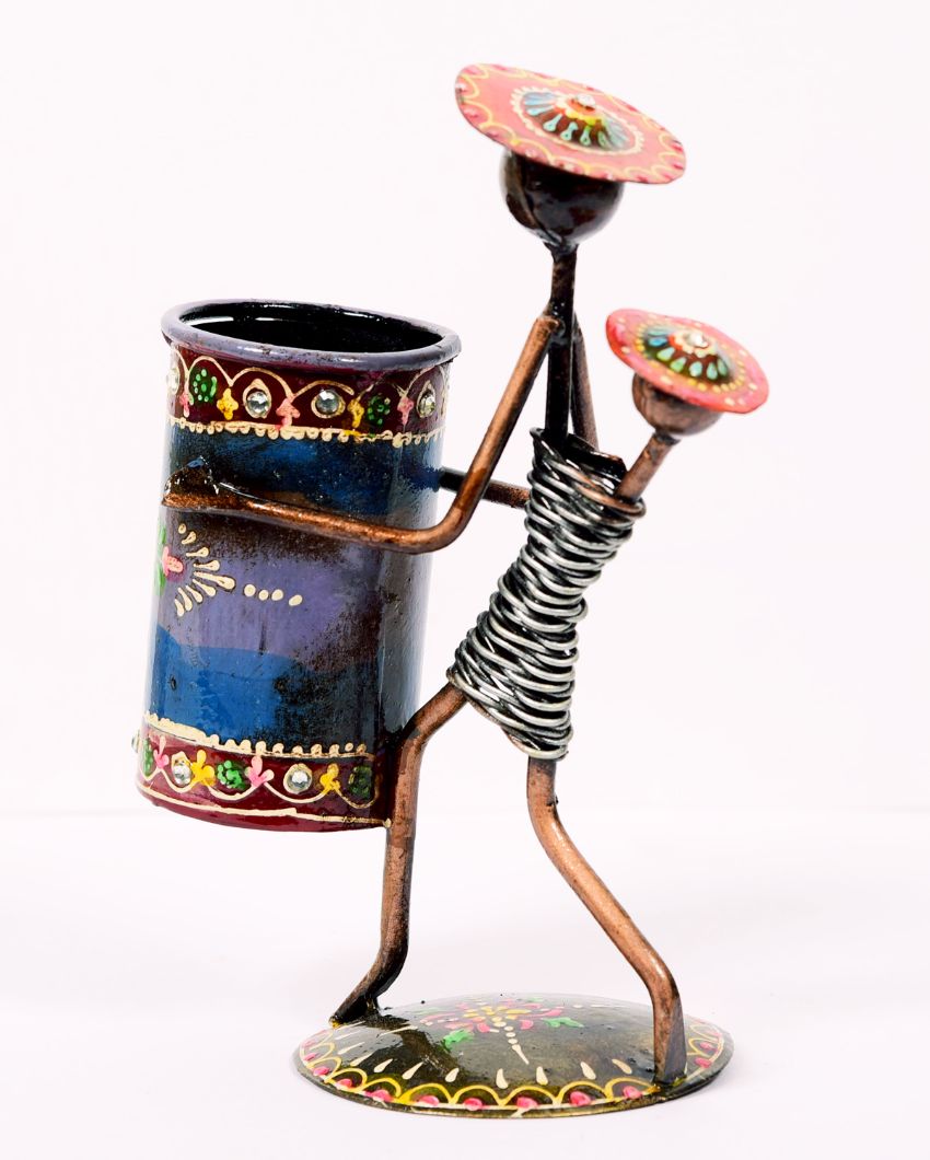 Tribal Lady Figuring Metal Handpainted Decorative Pen Stand | 6 x 3 x 9 inches