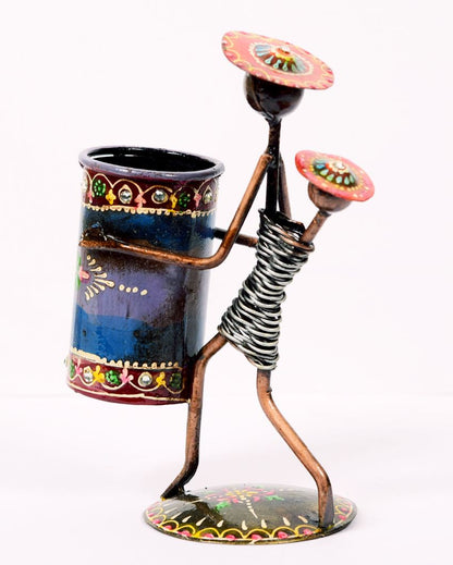 Tribal Lady Figuring Metal Handpainted Decorative Pen Stand | 6 x 3 x 9 inches