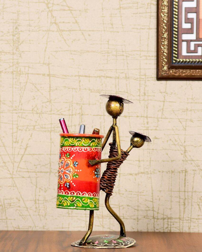 Tribal Lady Figuring Metal Handpainted Decorative Pen Stand | 6 x 3 x 9 inches