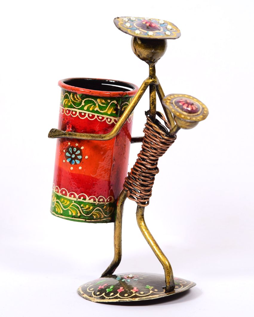 Tribal Lady Figuring Metal Handpainted Decorative Pen Stand | 6 x 3 x 9 inches