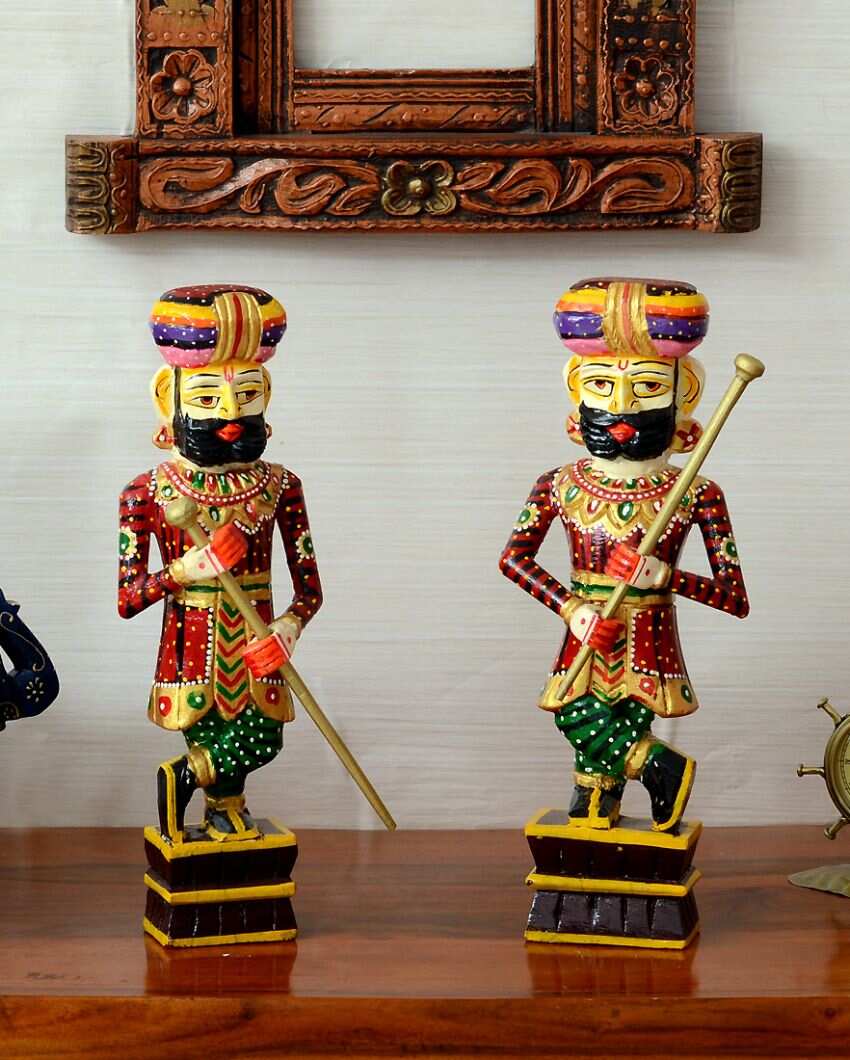 Chowkidaar Wooden Handpainted Decorative Showpiece | Set Of 2 | 5 x 2 x 15 inches