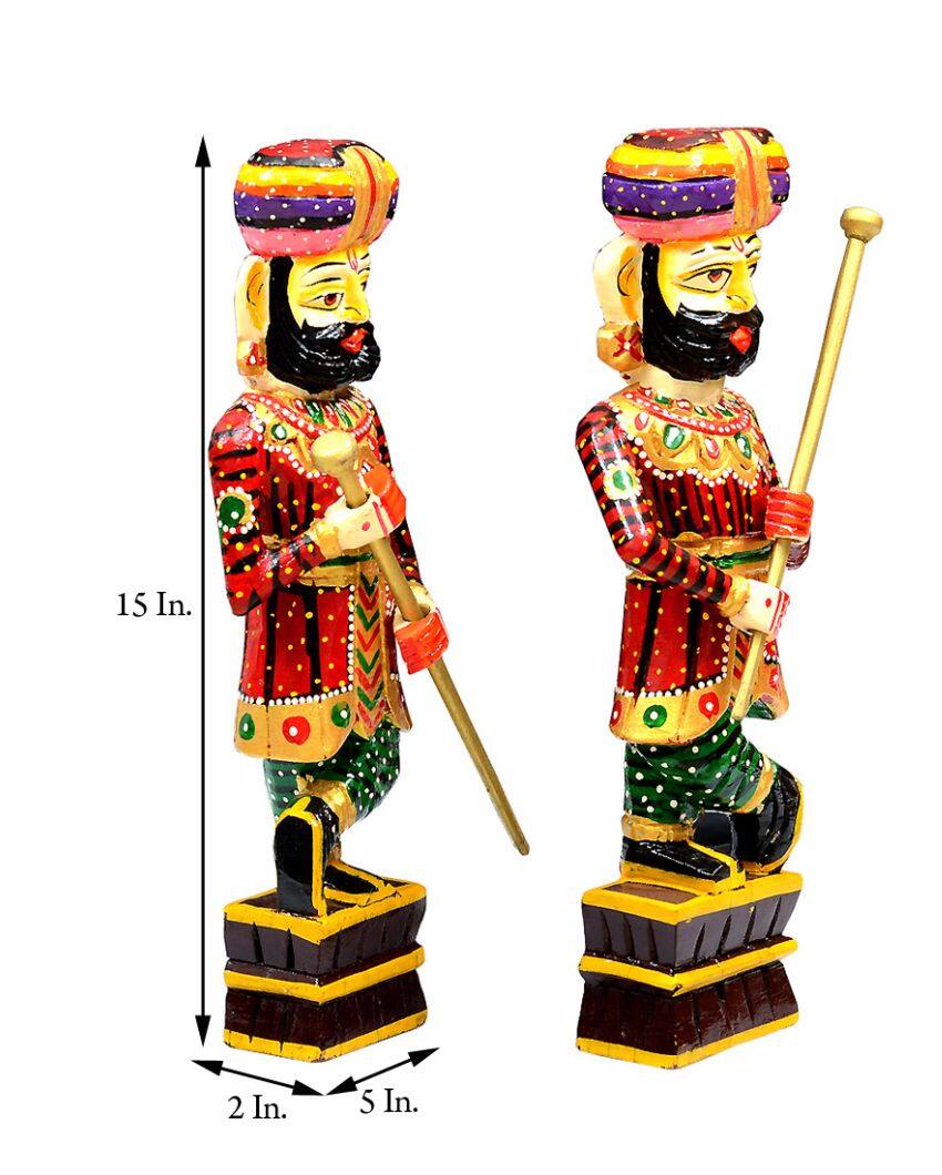 Chowkidaar Wooden Handpainted Decorative Showpiece | Set Of 2 | 5 x 2 x 15 inches