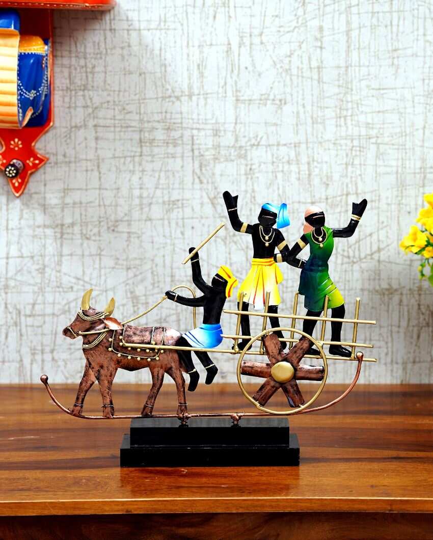 Multicolor Ox Cart Metal Showpiece with Wooden Base | 17 x 3 x 13 inches
