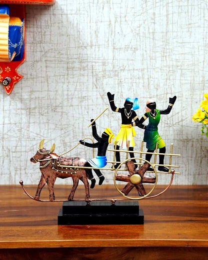 Multicolor Ox Cart Metal Showpiece with Wooden Base | 17 x 3 x 13 inches