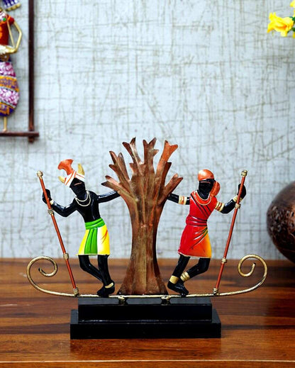 Folk-inspired Momento Metal Decorative Tribal Couple Showpiece | 14 x 3 x 11 inches