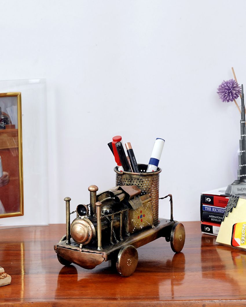 Train Engine Metal Pen Stand Showpiece | 8 x 5 x 5 inches