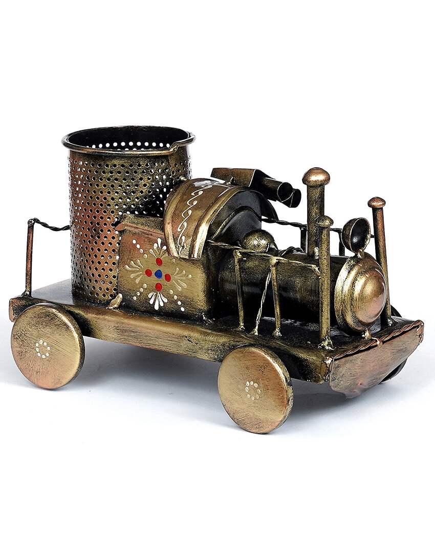 Train Engine Metal Pen Stand Showpiece | 8 x 5 x 5 inches