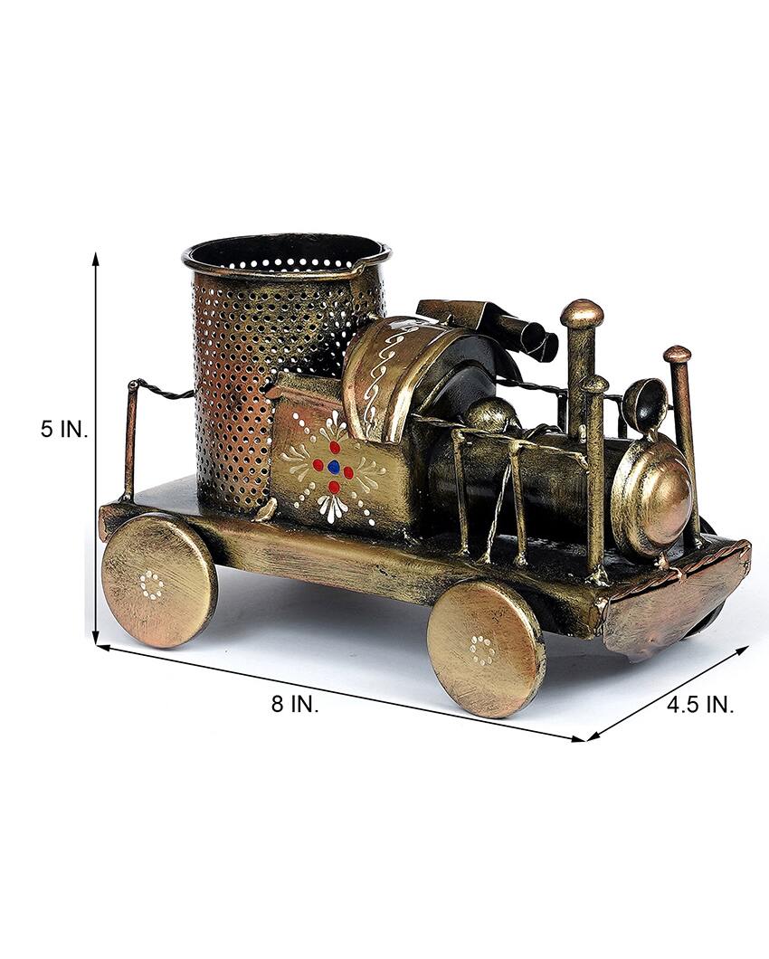 Train Engine Metal Pen Stand Showpiece | 8 x 5 x 5 inches