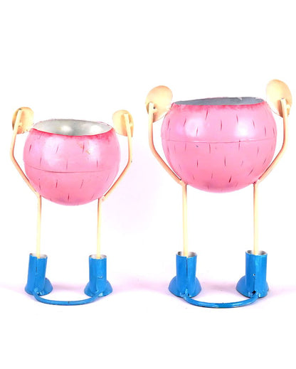 Doll Metal Handpainted Pink Color Flower Planter | Set Of 2 | Plant not included