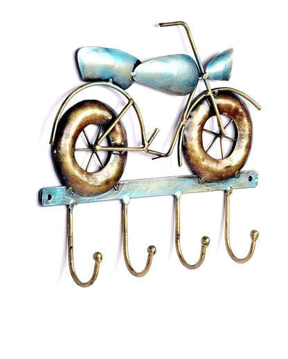 Metal Bike Showpiece Key Holder in Blue Color with 4 Hooks | 12 x 2 x 10 inches