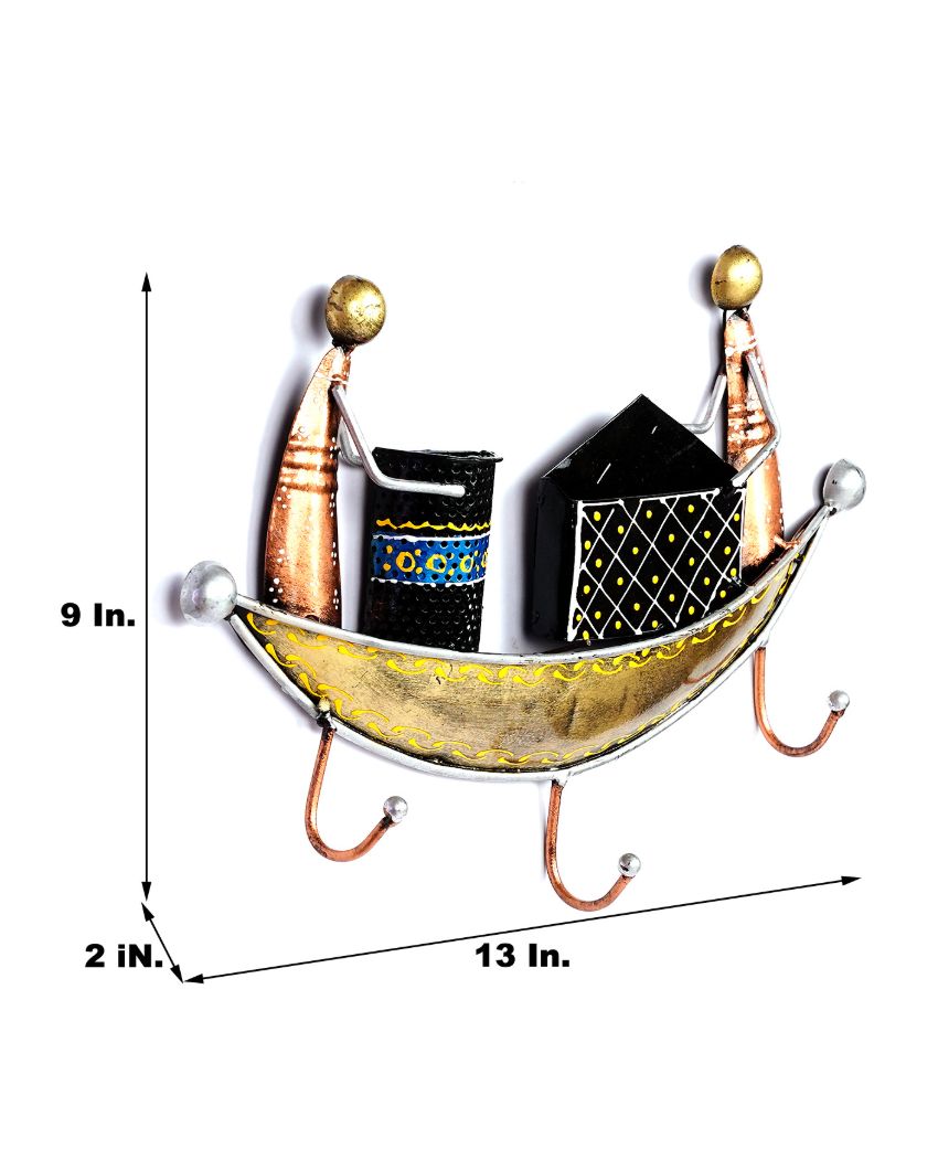 Boat Design Key Holder in Golden Color with 3 Hooks | 9 x 2 13 inches