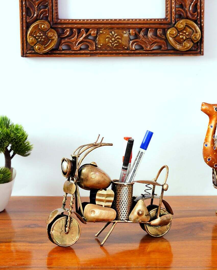 Old Era Golden Color Bike Pen Stand | 9 x 3 x 7 inches
