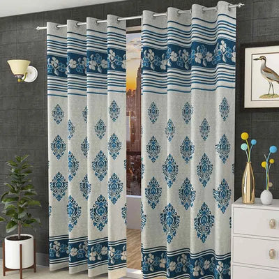 Blue Damask Jacquard Door Curtains | Set of 2 | 4 ft x 7 ft