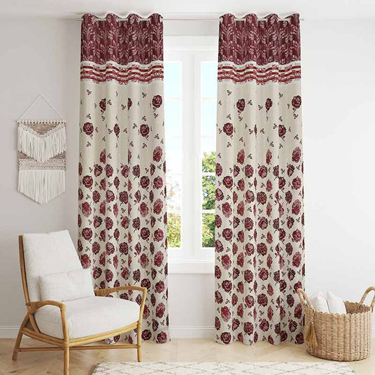 Maroon Floral Jacquard Curtains | Set of 2 | 9 ft x 4 ft
