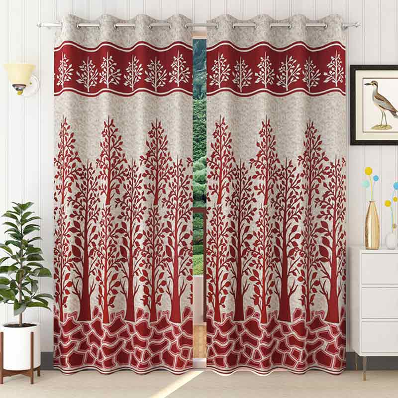 Maroon Tropical Jacquard Curtains | Set of 2 | 9 ft x 4 ft