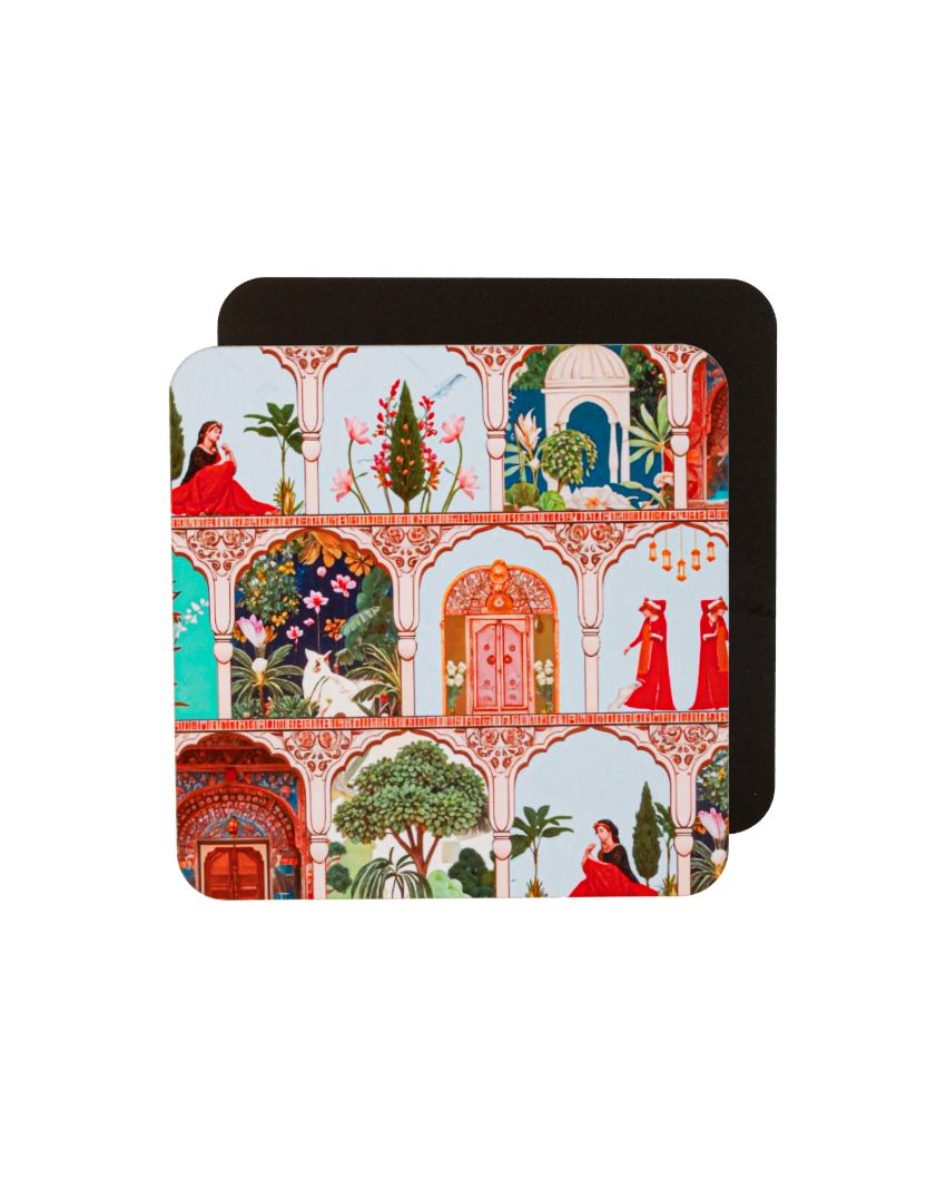 Majestic Mughal Garden Wooden Coasters | Set of 4 | 4 x 4 inches