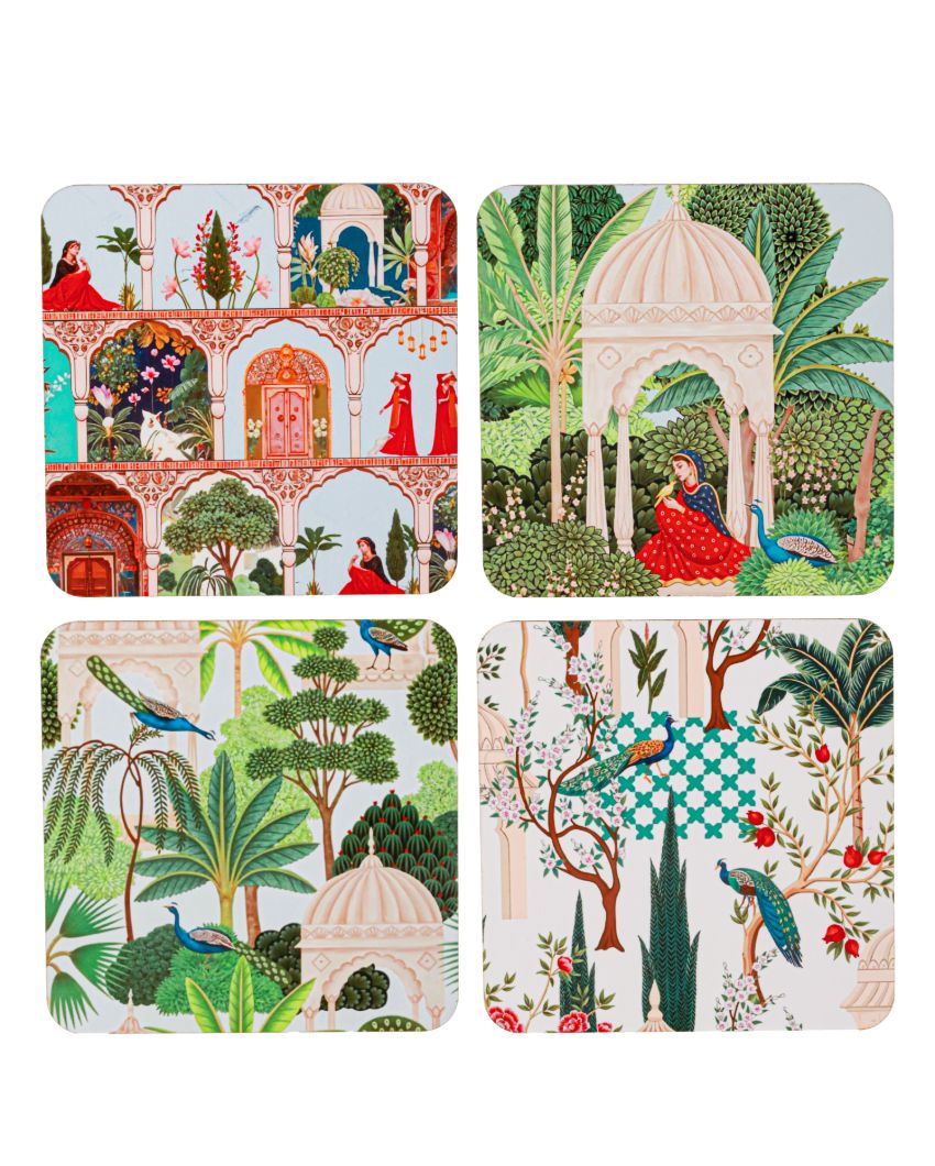 Majestic Mughal Garden Wooden Coasters | Set of 4 | 4 x 4 inches