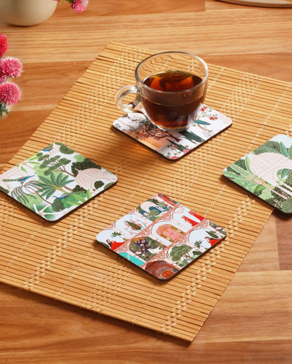 Majestic Mughal Garden Wooden Coasters | Set of 4 | 4 x 4 inches