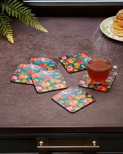 Elegant Lotus Flowers Wooden Coasters | Set of 6 | 4 x 4 inches