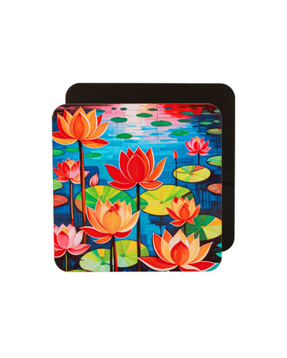 Elegant Lotus Flowers Wooden Coasters | Set of 6 | 4 x 4 inches