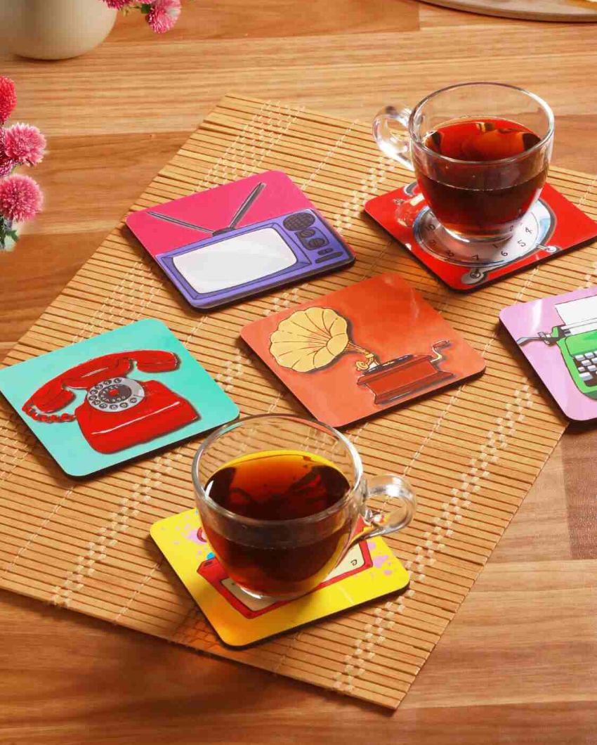 Retro Charm Wooden Coasters | Set of 6 | 4 x 4 inches