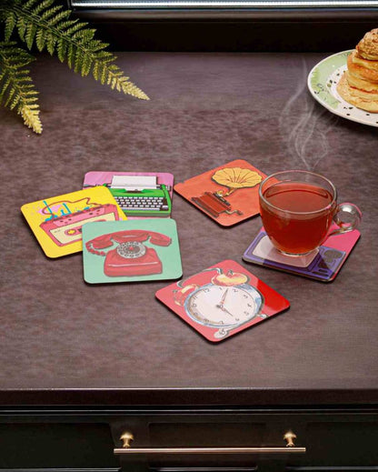 Retro Charm Wooden Coasters | Set of 6 | 4 x 4 inches