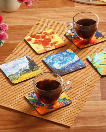 Van Gogh-Inspired Art Wooden Coasters | Set of 6 | 4 x 4 inches