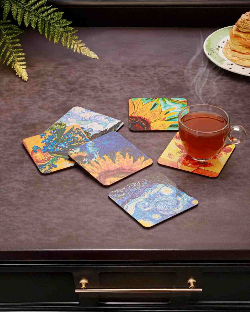 Van Gogh-Inspired Art Wooden Coasters | Set of 6 | 4 x 4 inches