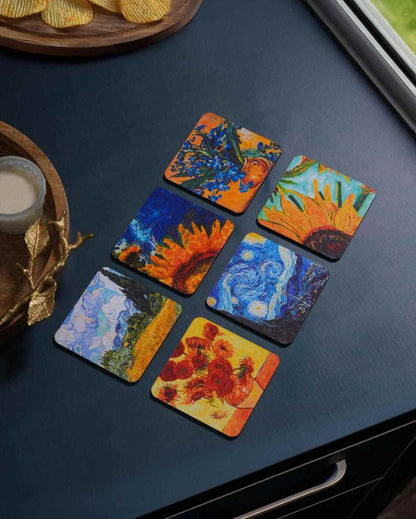 Van Gogh-Inspired Art Wooden Coasters | Set of 6 | 4 x 4 inches