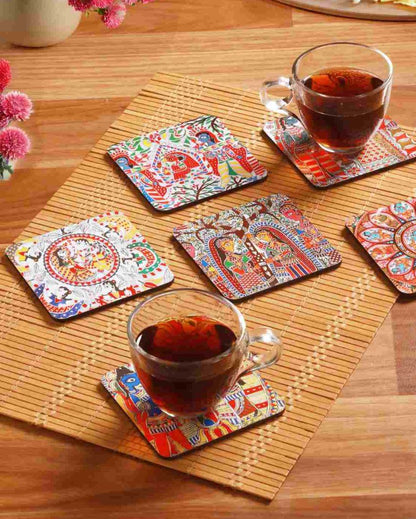 Traditional Madhubani Art Wooden Coasters | Set of 6 | 4 x 4 inches