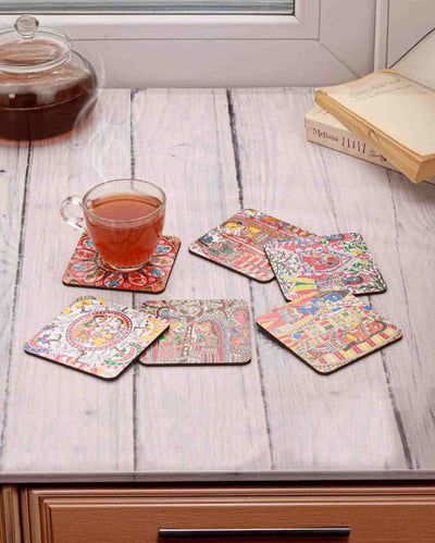 Traditional Madhubani Art Wooden Coasters | Set of 6 | 4 x 4 inches