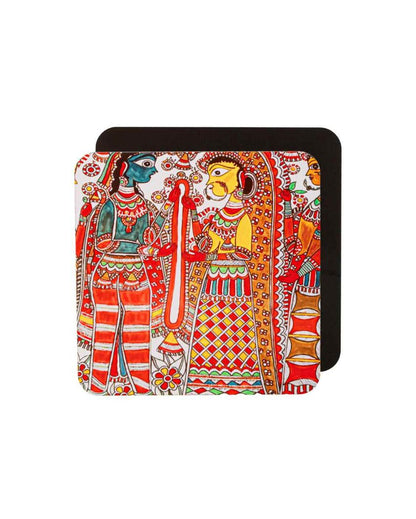 Traditional Madhubani Art Wooden Coasters | Set of 6 | 4 x 4 inches