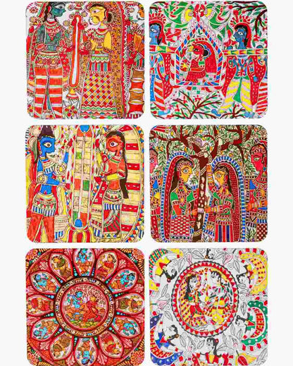 Traditional Madhubani Art Wooden Coasters | Set of 6 | 4 x 4 inches