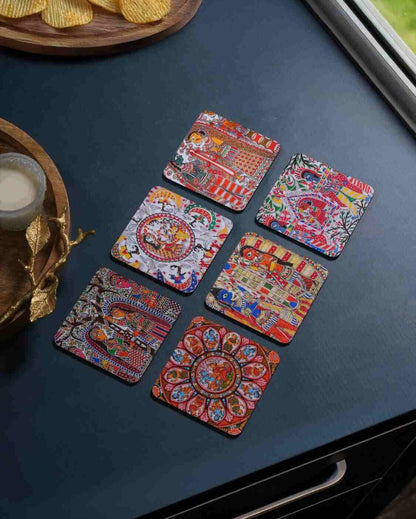 Traditional Madhubani Art Wooden Coasters | Set of 6 | 4 x 4 inches