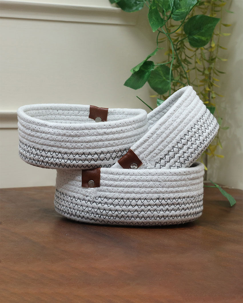 White Oval Shape Cotton Storage Basket | Set of 3 | 8 x 6 x 4 inches