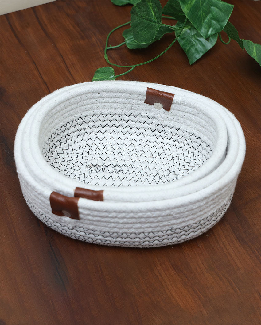 White Oval Shape Cotton Storage Basket | Set of 3 | 8 x 6 x 4 inches