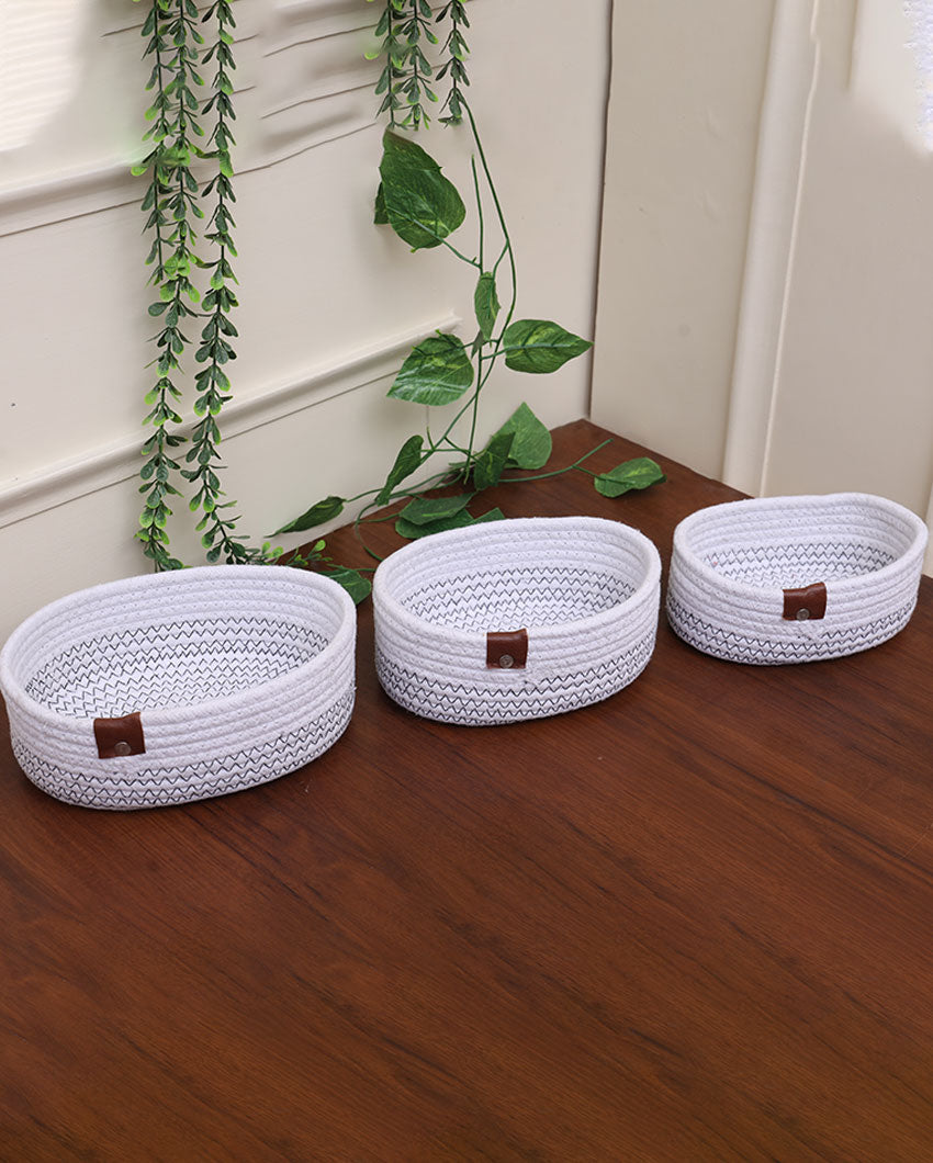 White Oval Shape Cotton Storage Basket | Set of 3 | 8 x 6 x 4 inches