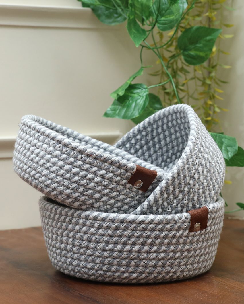 Grey & White Round Cotton Storage Basket | Set of 3 | 8 x 4 inches