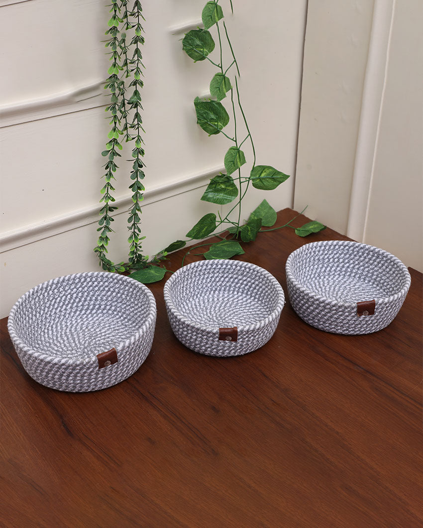 Grey & White Round Cotton Storage Basket | Set of 3 | 8 x 4 inches