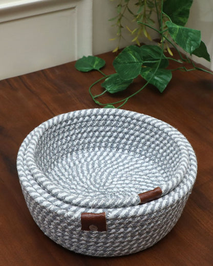 Grey & White Round Cotton Storage Basket | Set of 3 | 8 x 4 inches